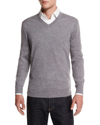 Neiman Marcus Cashmere Silk V Neck Sweater Gray