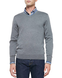 Neiman Marcus Cashmere Silk V Neck Sweater Grayblue