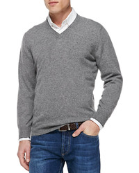 Brunello Cucinelli Cashmere V Neck Pullover Sweater Gray