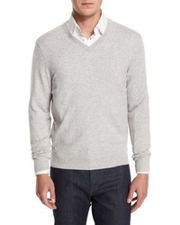 Neiman Marcus Cashmere V Neck Sweater Gray