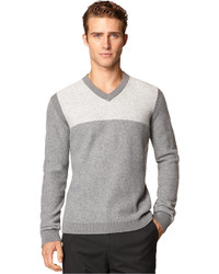 Calvin Klein Ck Premium Boiled Wool Colorblocked V Neck Sweater