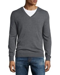 Burberry Dockley Wool V Neck Sweater Mid Gray Melange
