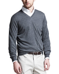 Brunello Cucinelli Fine Gauge Tipped V Neck Sweater Gray