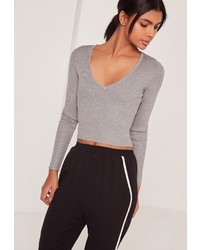 Missguided Basic V Neck Longsleeve Crop Sweater Grey