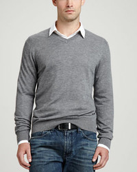 Neiman Marcus Superfine V Neck Pullover Sweater Gray