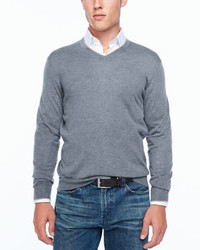 Neiman Marcus Tipped V Neck Sweater Gray
