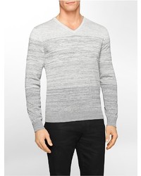 Calvin Klein Premium Space Dye V Neck Silk Cotton Blend Sweater Light Grey