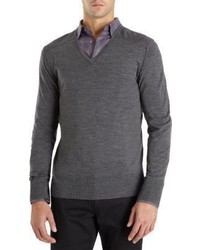 John Varvatos Ribbed Shoulder V Neck Sweater Grey