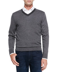 Neiman Marcus V Neck Pullover Cashmere Sweater Grayblack Stripe
