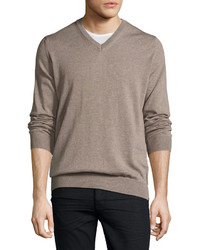 Neiman Marcus Wool Long Sleeve V Neck Sweater Cobblestone