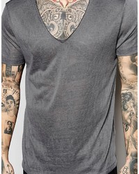 Asos Brand T Shirt With Deep V Neck In Linen Look Fabric In Gray