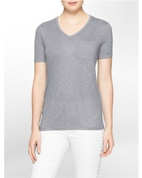 Calvin Klein Solid V Neck High Low Slub T Shirt