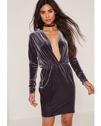 Missguided Long Sleeve Plunge Ruched Waist Velvet Dress Grey