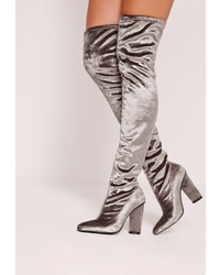 Missguided Velvet Over The Knee Boots Grey