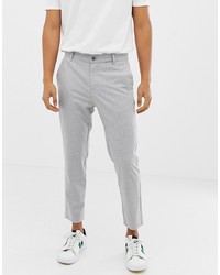 Bershka Slim Cropped Fit Trousers In Grey With Stripes