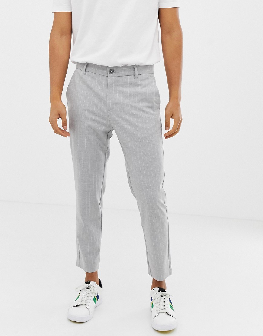 Bershka Cropped Fit Trousers In Grey Stripes, $23 | | Lookastic