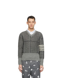 Thom Browne Grey Wool Funmix V Neck 4 Bar Sweater