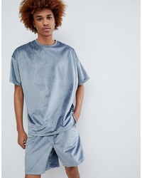 ASOS DESIGN Oversized Velour Co Ord T Shirt In Blue Pinstripe