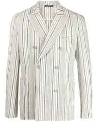 Grey Vertical Striped Linen Double Breasted Blazer