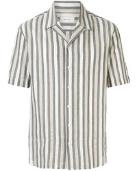 Grey Vertical Striped Linen Short Sleeve Shirt