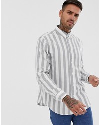 Bershka Striped Shirt In Grey And White With Collar