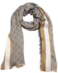 Gucci Grey Double G Print And Stripe Silk Cotton Scarf