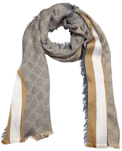 Gucci Grey Double G Print And Stripe Silk Cotton Scarf, $255 | Bluefly |  Lookastic