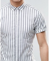 Asos Brand Skinny Striped Shirt In Khaki With Short Sleeves