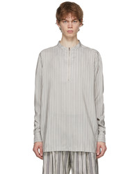 Grey Vertical Striped Silk Long Sleeve Shirt