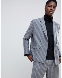 Grey Vertical Striped Wool Double Breasted Blazer