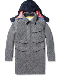 White Mountaineering Patterned Wool Blend And Canvas Hooded Coat
