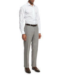 Canali Solid Wool Flat Front Trousers Light Gray