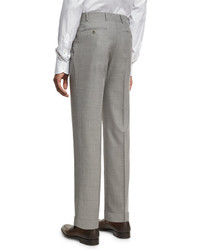 Canali Solid Wool Flat Front Trousers Light Gray