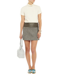 Alice + Olivia Ginny Leather Paneled Herringbone Wool Blend Mini Skirt
