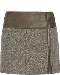 Alice + Olivia Ginny Leather Paneled Herringbone Wool Blend Mini Skirt
