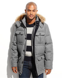 Nautica Coat Faux Fur Trimmed Hooded Wellon Filled Wool Blend Parka