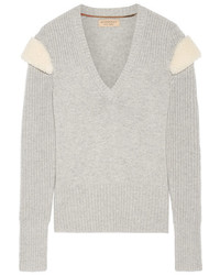 Burberry Shearling Trimmed Wool And Cashmere Blend Sweater Light Gray