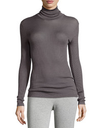 Hanro Seraphina Wool Silk Blend Ribbed Turtleneck Top Warm Gray