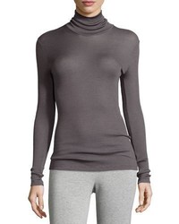 Hanro Seraphina Wool Silk Blend Ribbed Turtleneck Top Warm Gray
