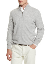 Brunello Cucinelli Cashmere Quarter Zip Pullover Sweater Light Gray