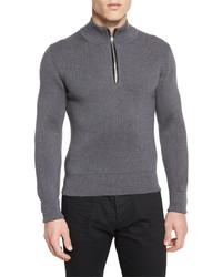 Tom Ford Merino Wool Fine Rib Quarter Zip Sweater Gray