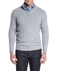 Neiman Marcus Tipped Half Zip Cashmere Sweater Gray
