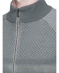 Armani Collezioni Herringbone Intarsia Zip Front Wool Cardigan