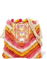 Antik Batik Frika Leather Trimmed Fringed Cotton Shoulder Bag Pink