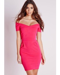 Missguided Short Sleeve Pleated Bardot Bodycon Dress Hot Pink