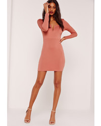 Missguided V Bar Plunge Long Sleeve Bodycon Dress Pink