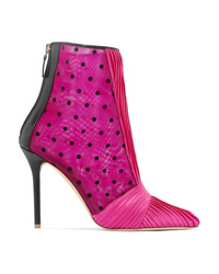 Malone Souliers Charlise 100 Pleated Satin Polka Dot Mesh And Leather Ankle Boots