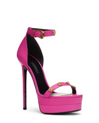 Hot Pink Chunky Leather Heeled Sandals