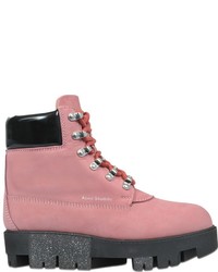 Hot Pink Chunky Leather Lace-up Flat Boots