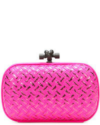 Bottega Veneta Woven Metallic Knot Clutch Bag Hot Pink